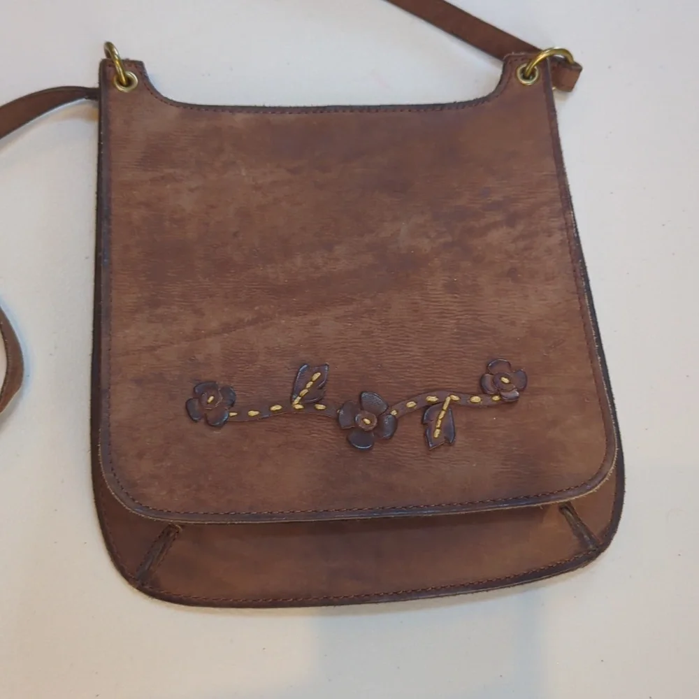 Vintage,Rolfs, Brown Floral Applique Slim Leather Crossbody Bag